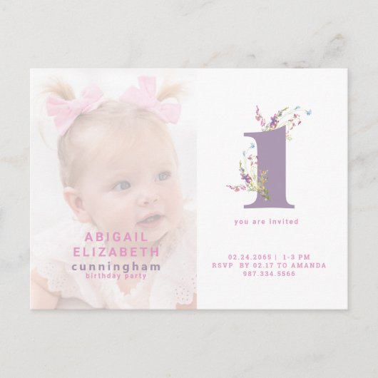 Roze & Paarse Foto 1st Birthday Party Invitation Briefkaart (Voorkant)