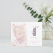 Roze & Paarse Foto 1st Birthday Party Invitation Briefkaart (Staand voorkant)