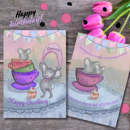 Roze & Paarse Funny Cool Mice Custom Verjaardag Ka Feestdagenkaart