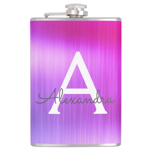 Roze - Paarse Geborsteld Metaal Monogram Naam Heupfles (Voorkant)