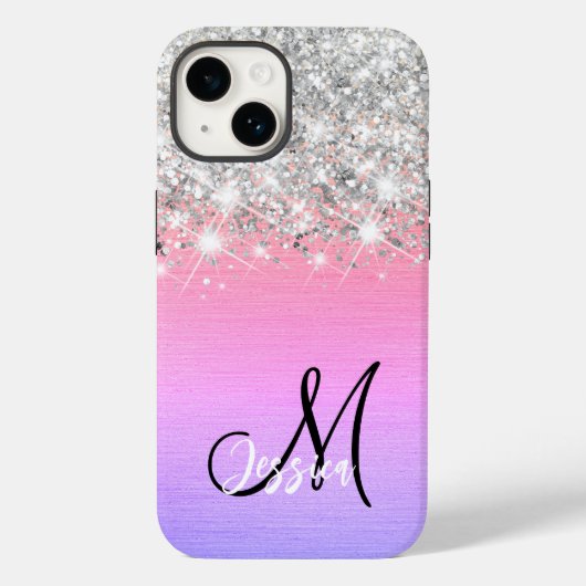 Roze Paarse Geborsteld Metaal Zilver Glitter Monog Case-Mate iPhone Case (Achterkant)