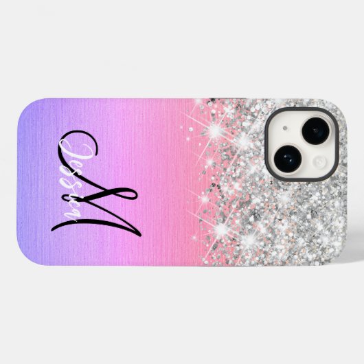 Roze Paarse Geborsteld Metaal Zilver Glitter Monog Case-Mate iPhone Case (Achterkant (horizontaal))