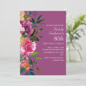 Roze Paarse geel Floral 80th Birthday Kaart (Staand voorkant)