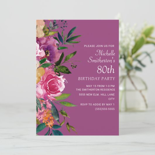 Roze Paarse geel Floral 80th Birthday Kaart (Staand voorkant)