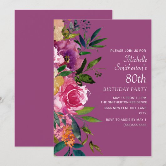 Roze Paarse geel Floral 80th Birthday Kaart (Voorkant / Achterkant)
