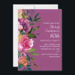 Roze Paarse geel Floral 80th Birthday Kaart<br><div class="desc">Elegant 80e verjaardagsfeest voor vrouwen met kleurrijke roze,  paarse en gele waterverf bloemen en bladeren op een paarse achtergrond. Neem contact met mij op voor hulp bij aanpassingen of voor het aanvragen van matching of het coördineren van Zazzle-producten.</div>