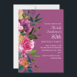 Roze Paarse geel Floral 80th Birthday Kaart<br><div class="desc">Elegant 80e verjaardagsfeest voor vrouwen met kleurrijke roze,  paarse en gele waterverf bloemen en bladeren op een paarse achtergrond. Neem contact met mij op voor hulp bij aanpassingen of voor het aanvragen van matching of het coördineren van Zazzle-producten.</div>