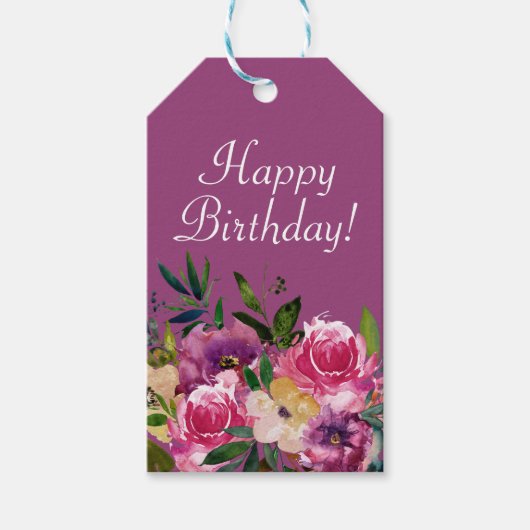 Roze Paarse geel Floral Birthday Happy Birthday Cadeaulabel (Voorkant)