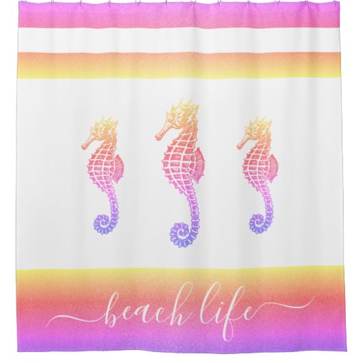 Roze paarse geel zeepaardstrand leven script vet douchegordijn (Voorkant)