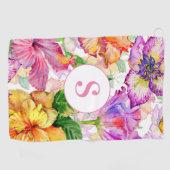 Roze Paarse Gele Bloemige Monogram Golfhanddoek (Horizontaal)