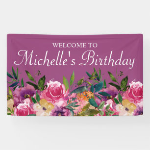 Roze Paarse Gele Floral Aangepast Birthday Welkom Spandoek