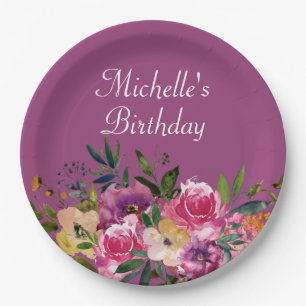 Roze Paarse Gele Floral Aangepaste Birthday Naam Papieren Bordje