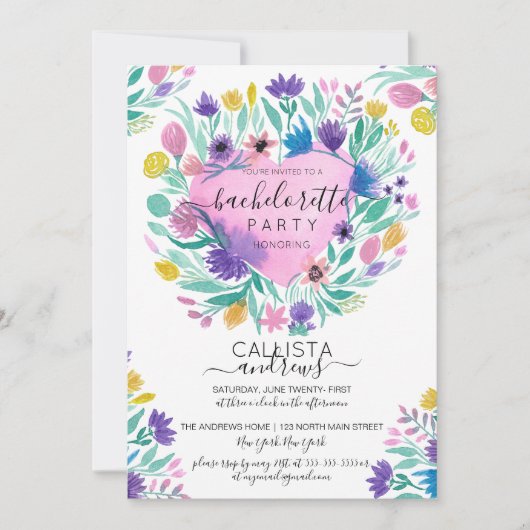 Roze Paarse Gele Hart Bloemen Blad Bachelorette Kaart (Voorkant)