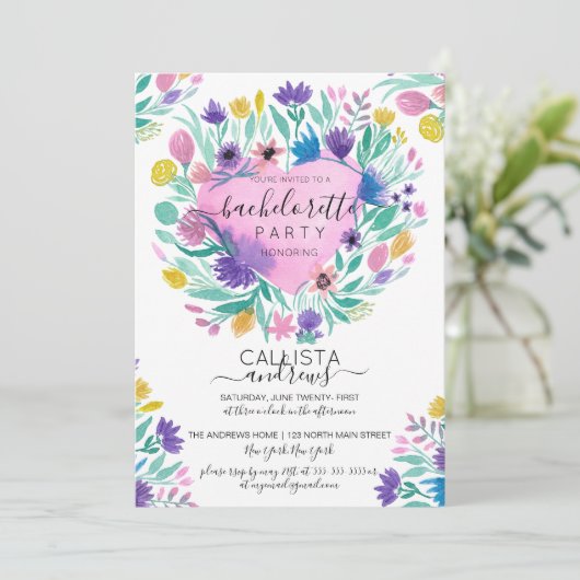 Roze Paarse Gele Hart Bloemen Blad Bachelorette Kaart (Staand voorkant)