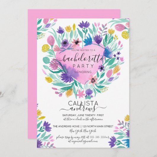 Roze Paarse Gele Hart Bloemen Blad Bachelorette Kaart (Voorkant / Achterkant)