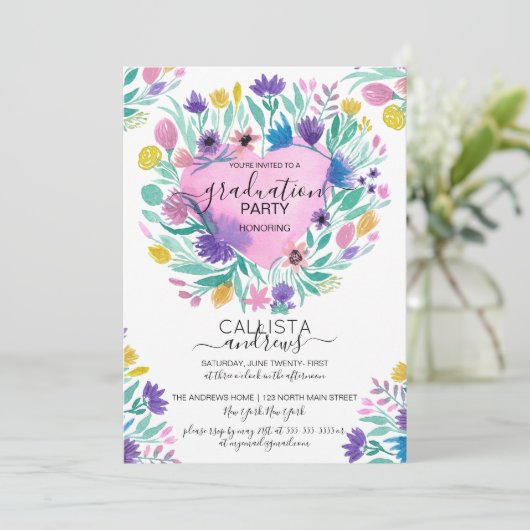 Roze Paarse gele hartbloemen laten Afstuderen Kaart (Staand voorkant)