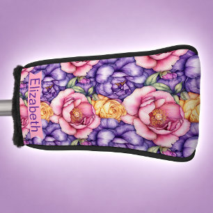 Roze Paarse Gele Pioen Bloemige Gepersonaliseerde Golfheadcover