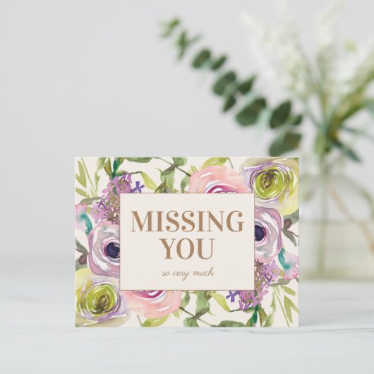 Roze Paarse Gele Waterverf Floral Ontbreekt u Briefkaart (Staand voorkant)