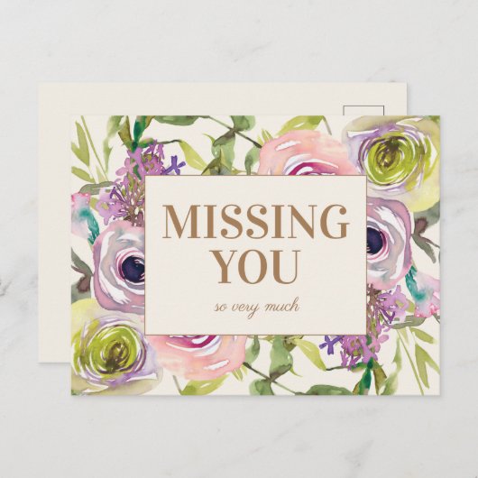 Roze Paarse Gele Waterverf Floral Ontbreekt u Briefkaart (Voorkant / Achterkant)
