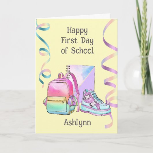 Roze Paarse Gelukkige Eerste Dag van School Kaart (Voorkant)