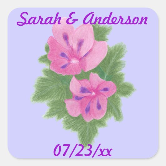 Roze Paarse Geraniums Bloemen Save the date Sticke Vierkante Sticker (Voorkant)
