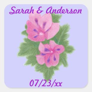 Roze Paarse Geraniums Bloemen Save the date Sticke Vierkante Sticker