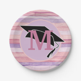 Roze Paarse Gestreepte Afstudeerhoed Monogram Papieren Bordje