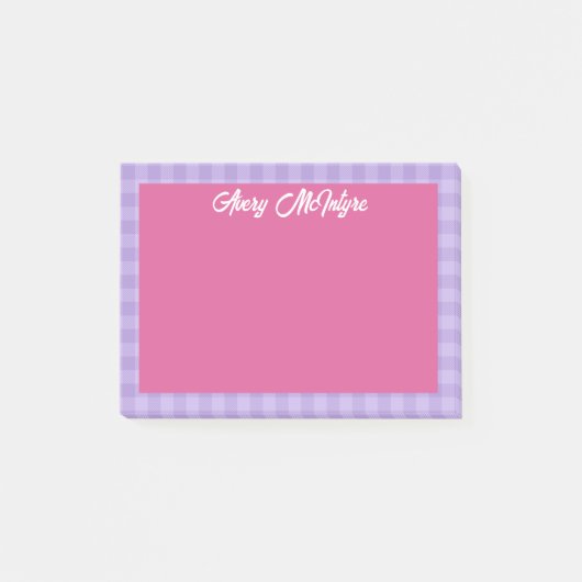 Roze Paarse Gingham Rand Naam in Cool Schrift Post-it® Notes (Voorkant)