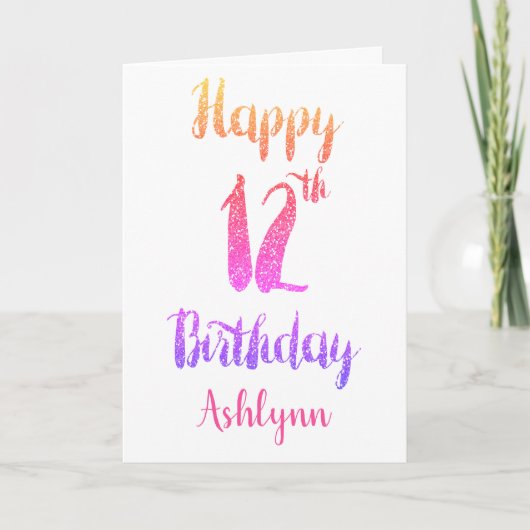  Roze Paarse Glitter 12e Verjaardag Kaart (Voorkant)