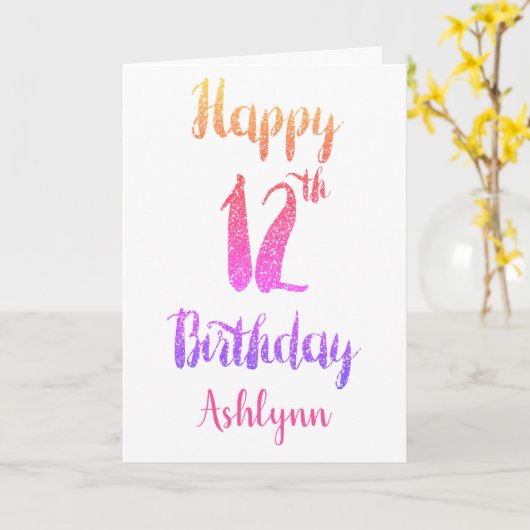  Roze Paarse Glitter 12e Verjaardag Kaart (Gele Bloem)