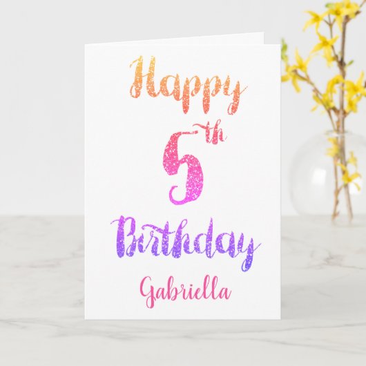 Roze Paarse glitter 5e verjaardag Kaart (Gele Bloem)