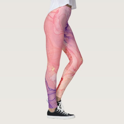 Roze Paarse Glitter Abstract Ink Waterverf Paint Leggings (Rechts)