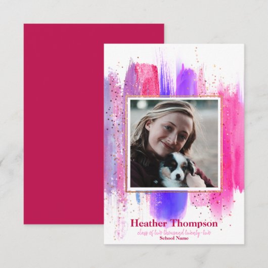Roze & Paarse Glitter Afstudeer Uitnodiging (Voorkant / Achterkant)