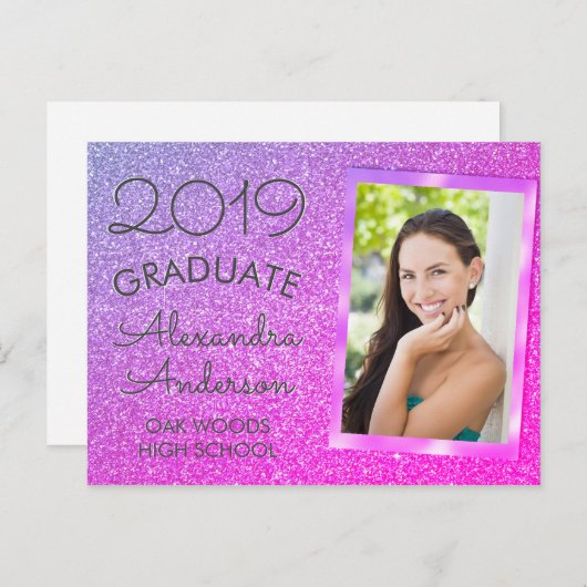 Roze - Paarse Glitter Afstuderen Aankondiging (Voorkant / Achterkant)