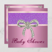 Roze Paarse Glitter Diamond Bow Baby shower Uitnod Kaart (Voorkant / Achterkant)