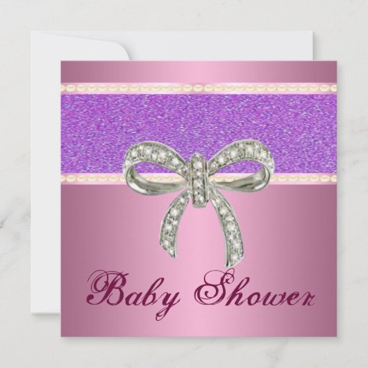 Roze Paarse Glitter Diamond Bow Baby shower Uitnod Kaart (Voorkant)