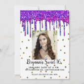 Roze Paarse Glitter Drip Verjaardag Sweet 16 Foto Kaart (Voorkant)