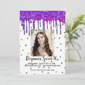 Roze Paarse Glitter Drip Verjaardag Sweet 16 Foto Kaart (Staand voorkant)