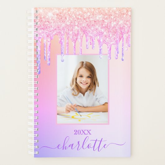 Roze paarse glitter druppels foto meisje 2026 planner (Voorkant)