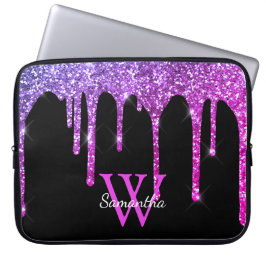 Roze Paarse Glitter Druppels Glans Monogram Naam Laptop Sleeve