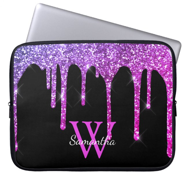 Roze Paarse Glitter Druppels Glans Monogram Naam Laptop Sleeve (Voorkant)