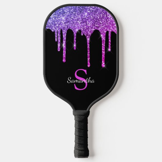 Roze Paarse Glitter Druppels Glans Monogram Naam Pickleball Paddle (Voorkant)