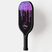 Roze Paarse Glitter Druppels Glans Monogram Naam Pickleball Paddle (Links)