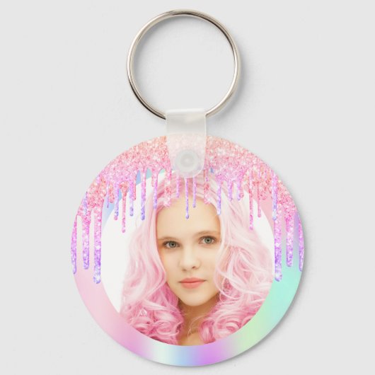 Roze paarse glitter druppelt fotomeisje sleutelhanger (Voorkant)