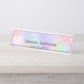 Roze paarse glitter druppelt holografisch bureau naambordje (Voorkant)