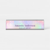 Roze paarse glitter druppelt holografisch bureau naambordje (Voorkant)