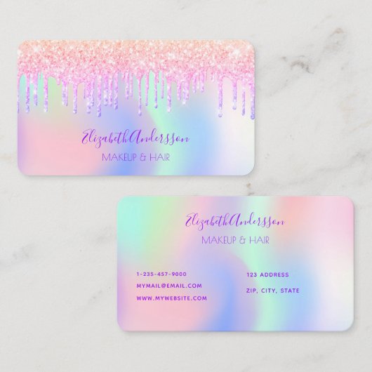 Roze paarse glitter druppelt holografisch make-up  visitekaartje (Voorkant / Achterkant)
