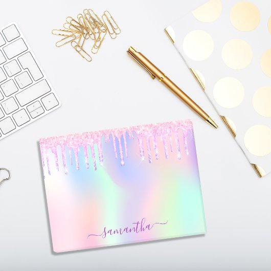 Roze paarse glitter druppelt holografische naam op post-it® notes