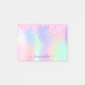 Roze paarse glitter druppelt holografische naam op post-it® notes (Voorkant)