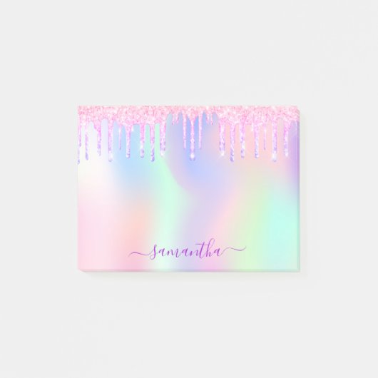 Roze paarse glitter druppelt holografische naam op post-it® notes (Voorkant)
